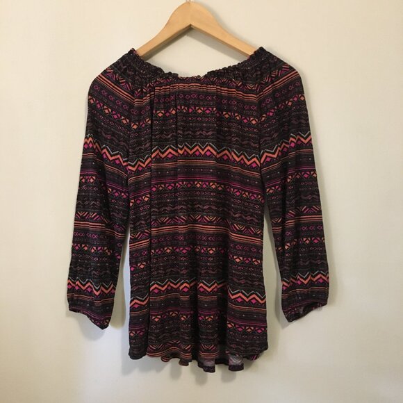 Tribal Print Ruched Smocked Collar Viscose Top - Picture 2 of 16